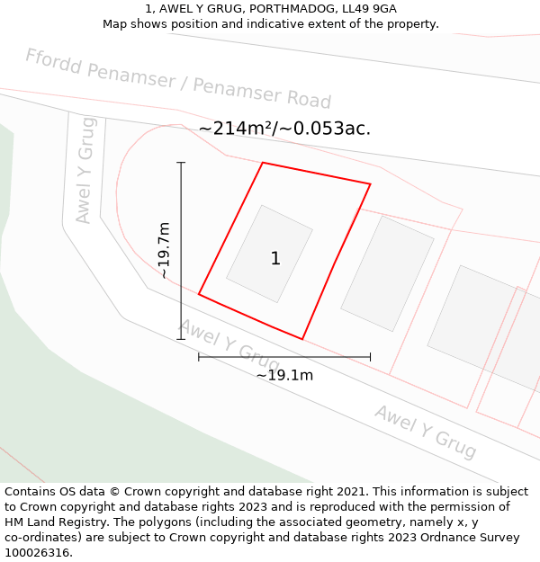 1, AWEL Y GRUG, PORTHMADOG, LL49 9GA: Plot and title map