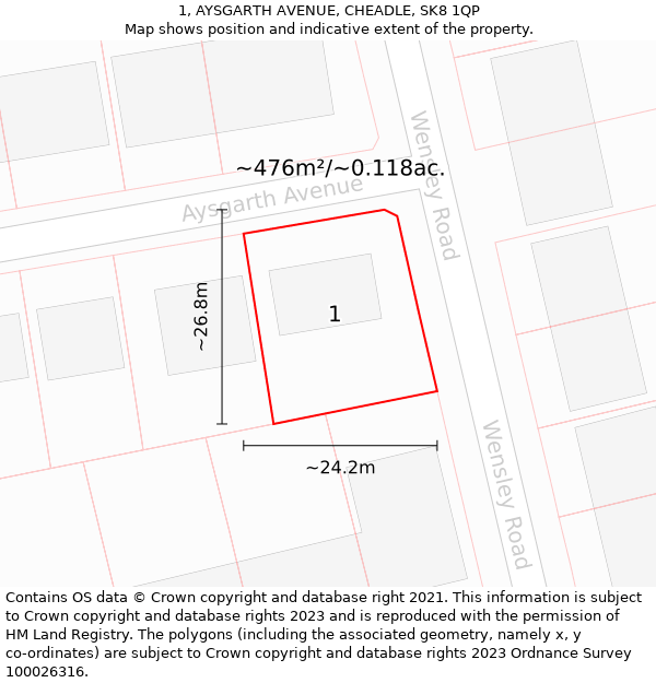 1, AYSGARTH AVENUE, CHEADLE, SK8 1QP: Plot and title map