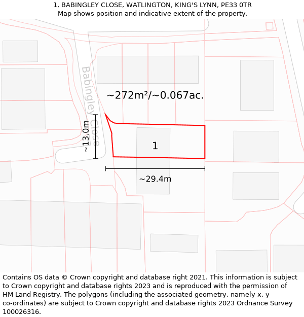 1, BABINGLEY CLOSE, WATLINGTON, KING'S LYNN, PE33 0TR: Plot and title map