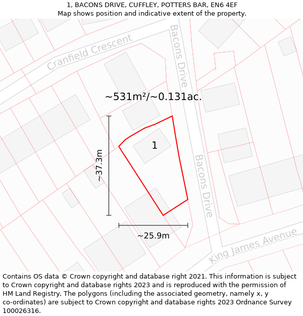 1, BACONS DRIVE, CUFFLEY, POTTERS BAR, EN6 4EF: Plot and title map