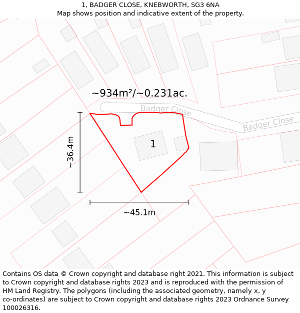 1, BADGER CLOSE, KNEBWORTH, SG3 6NA: Plot and title map