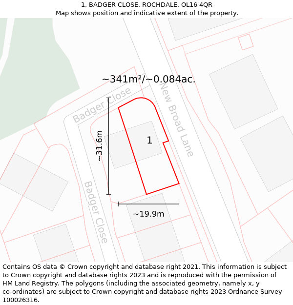 1, BADGER CLOSE, ROCHDALE, OL16 4QR: Plot and title map