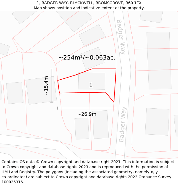 1, BADGER WAY, BLACKWELL, BROMSGROVE, B60 1EX: Plot and title map