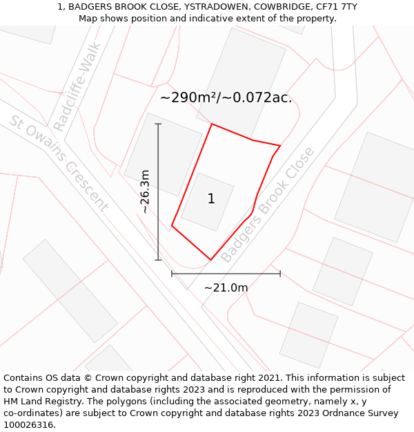 1, BADGERS BROOK CLOSE, YSTRADOWEN, COWBRIDGE, CF71 7TY: Plot and title map