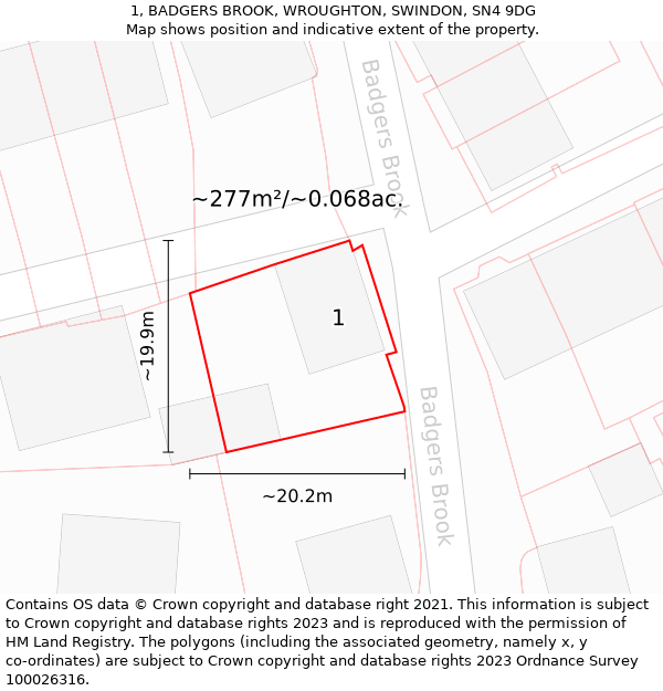 1, BADGERS BROOK, WROUGHTON, SWINDON, SN4 9DG: Plot and title map