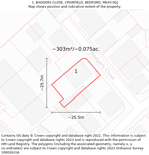 1, BADGERS CLOSE, CRANFIELD, BEDFORD, MK43 0GJ: Plot and title map