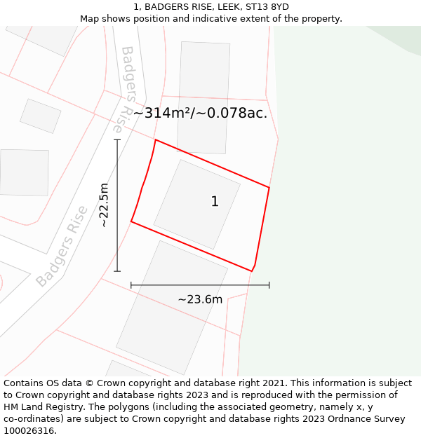 1, BADGERS RISE, LEEK, ST13 8YD: Plot and title map