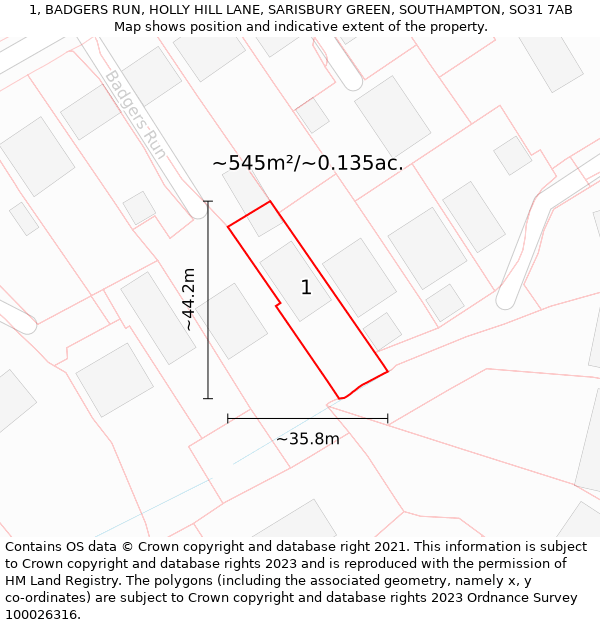 1, BADGERS RUN, HOLLY HILL LANE, SARISBURY GREEN, SOUTHAMPTON, SO31 7AB: Plot and title map