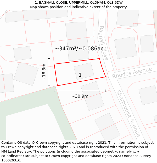 1, BAGNALL CLOSE, UPPERMILL, OLDHAM, OL3 6DW: Plot and title map