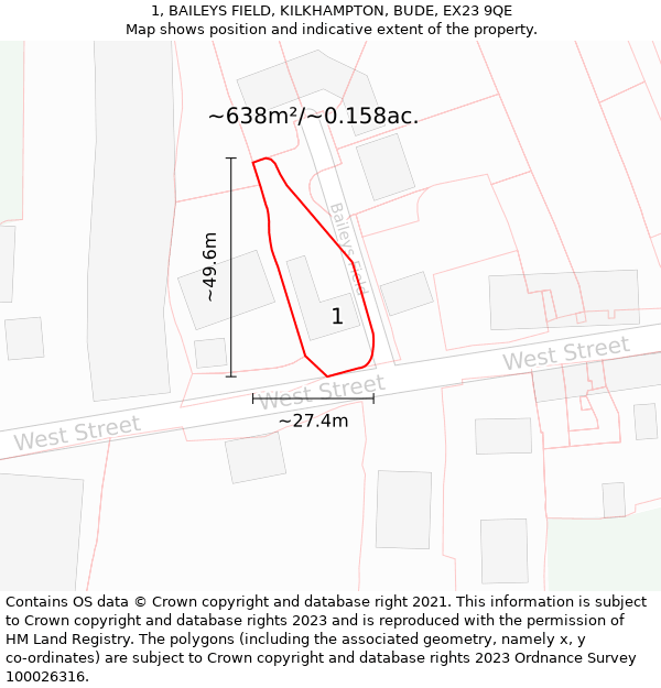 1, BAILEYS FIELD, KILKHAMPTON, BUDE, EX23 9QE: Plot and title map