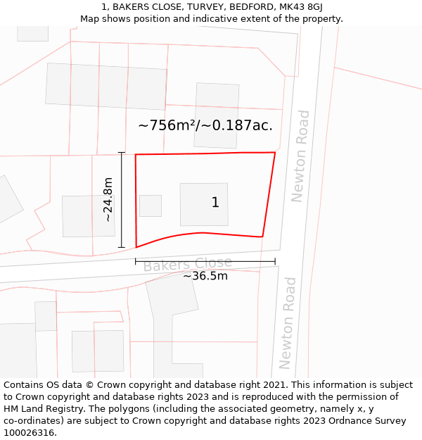 1, BAKERS CLOSE, TURVEY, BEDFORD, MK43 8GJ: Plot and title map