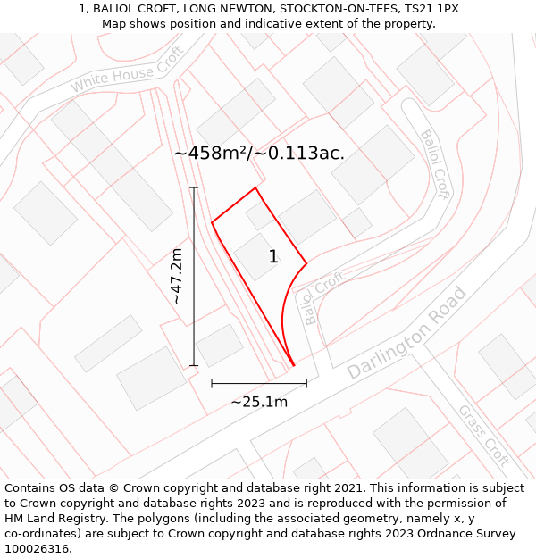 1, BALIOL CROFT, LONG NEWTON, STOCKTON-ON-TEES, TS21 1PX: Plot and title map