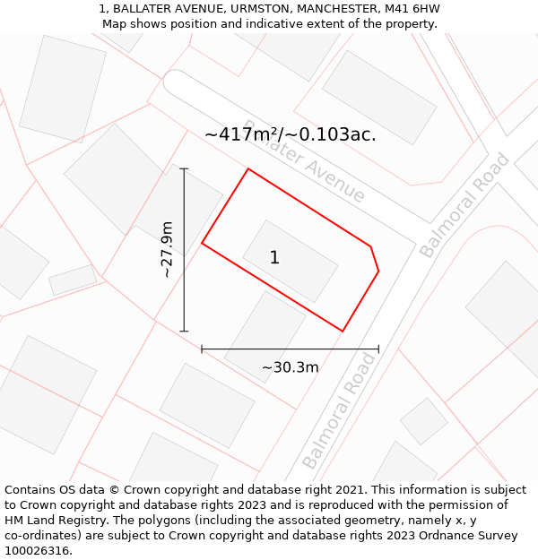 1, BALLATER AVENUE, URMSTON, MANCHESTER, M41 6HW: Plot and title map