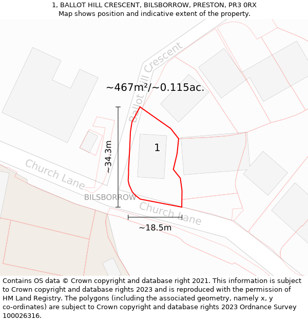 1, BALLOT HILL CRESCENT, BILSBORROW, PRESTON, PR3 0RX: Plot and title map