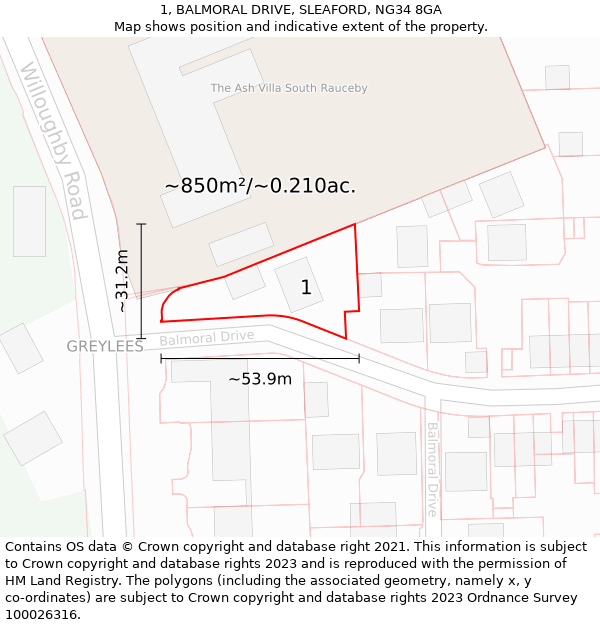 1, BALMORAL DRIVE, SLEAFORD, NG34 8GA: Plot and title map