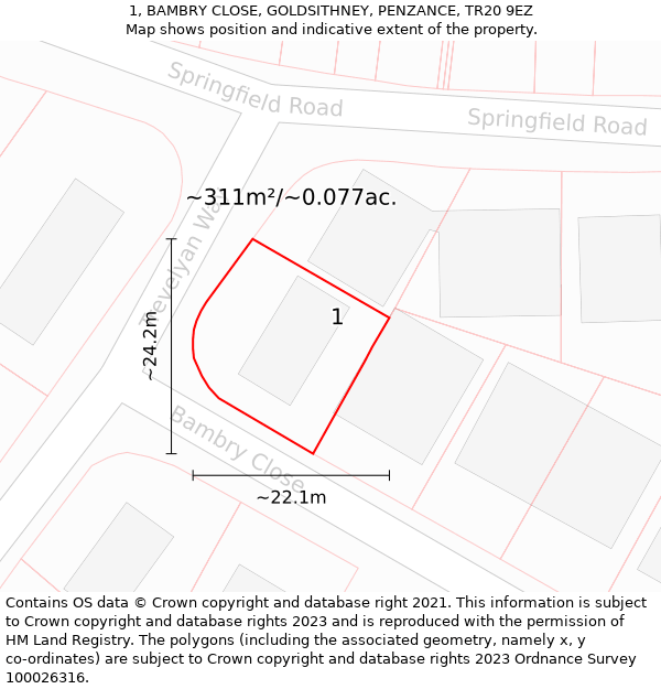 1, BAMBRY CLOSE, GOLDSITHNEY, PENZANCE, TR20 9EZ: Plot and title map