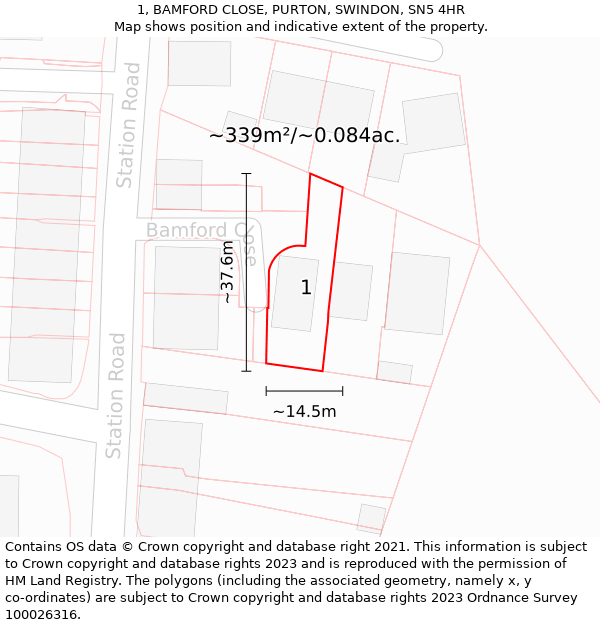 1, BAMFORD CLOSE, PURTON, SWINDON, SN5 4HR: Plot and title map