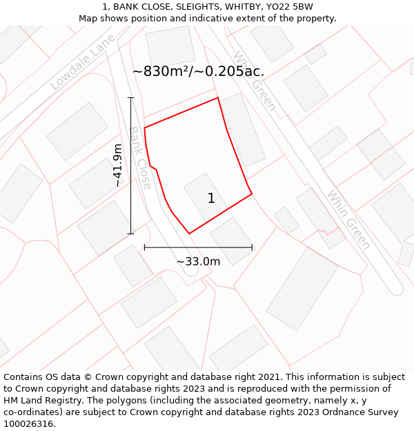 1, BANK CLOSE, SLEIGHTS, WHITBY, YO22 5BW: Plot and title map