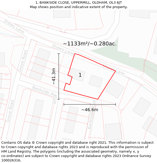 1, BANKSIDE CLOSE, UPPERMILL, OLDHAM, OL3 6JT: Plot and title map