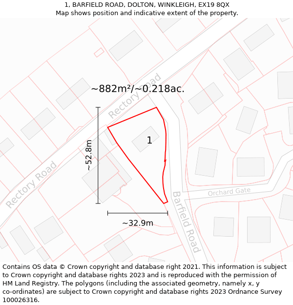 1, BARFIELD ROAD, DOLTON, WINKLEIGH, EX19 8QX: Plot and title map