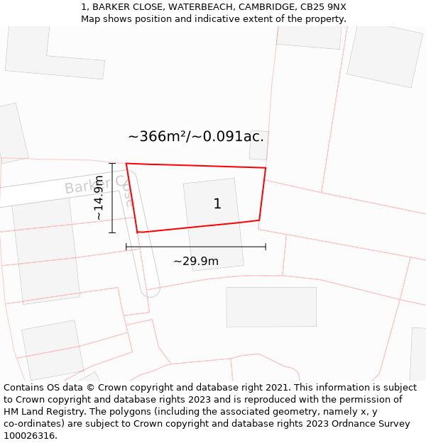 1, BARKER CLOSE, WATERBEACH, CAMBRIDGE, CB25 9NX: Plot and title map