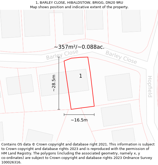 1, BARLEY CLOSE, HIBALDSTOW, BRIGG, DN20 9RU: Plot and title map