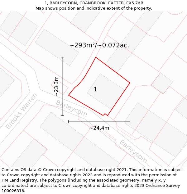 1, BARLEYCORN, CRANBROOK, EXETER, EX5 7AB: Plot and title map