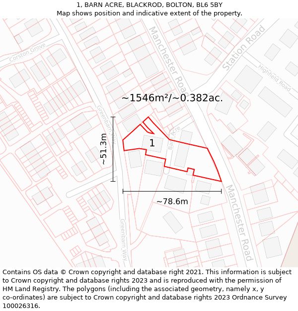 1, BARN ACRE, BLACKROD, BOLTON, BL6 5BY: Plot and title map