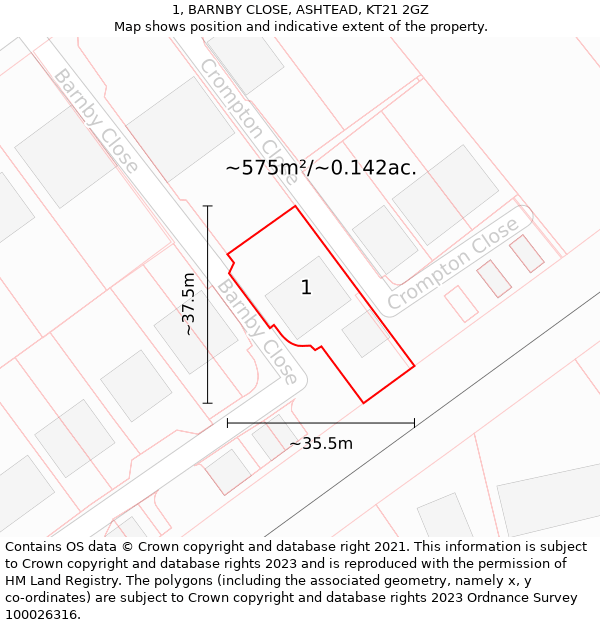 1, BARNBY CLOSE, ASHTEAD, KT21 2GZ: Plot and title map