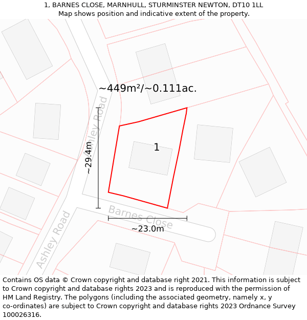 1, BARNES CLOSE, MARNHULL, STURMINSTER NEWTON, DT10 1LL: Plot and title map