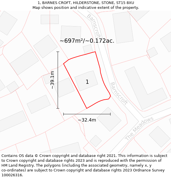 1, BARNES CROFT, HILDERSTONE, STONE, ST15 8XU: Plot and title map