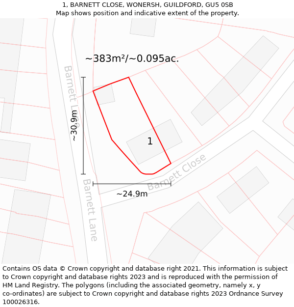 1, BARNETT CLOSE, WONERSH, GUILDFORD, GU5 0SB: Plot and title map