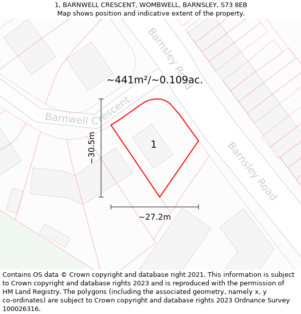 1, BARNWELL CRESCENT, WOMBWELL, BARNSLEY, S73 8EB: Plot and title map