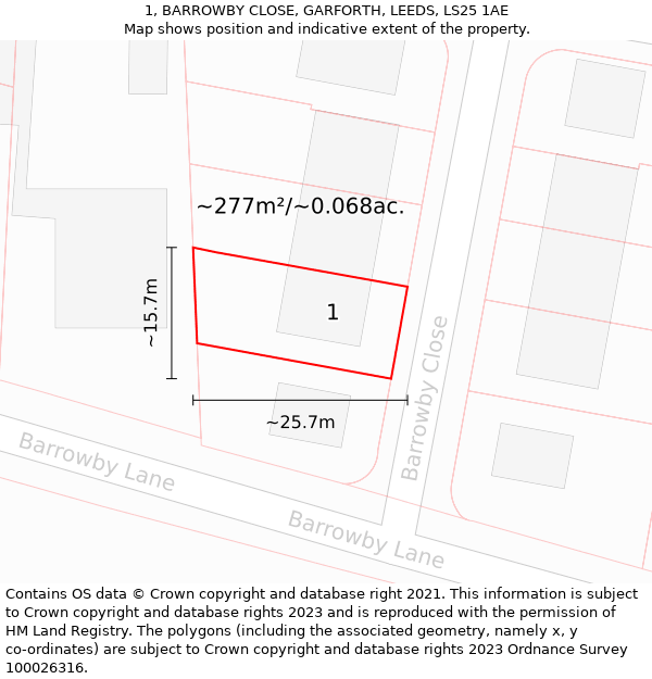 1, BARROWBY CLOSE, GARFORTH, LEEDS, LS25 1AE: Plot and title map