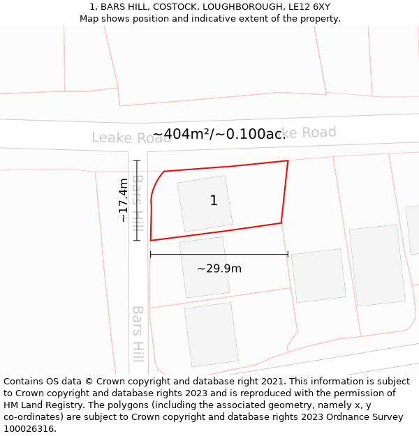 1, BARS HILL, COSTOCK, LOUGHBOROUGH, LE12 6XY: Plot and title map