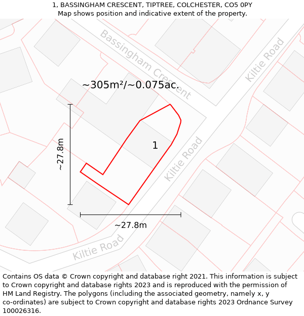 1, BASSINGHAM CRESCENT, TIPTREE, COLCHESTER, CO5 0PY: Plot and title map