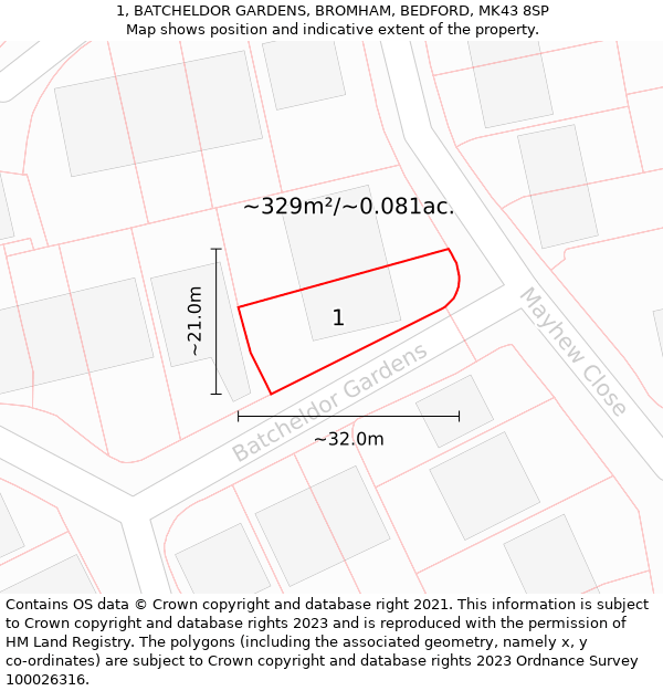 1, BATCHELDOR GARDENS, BROMHAM, BEDFORD, MK43 8SP: Plot and title map