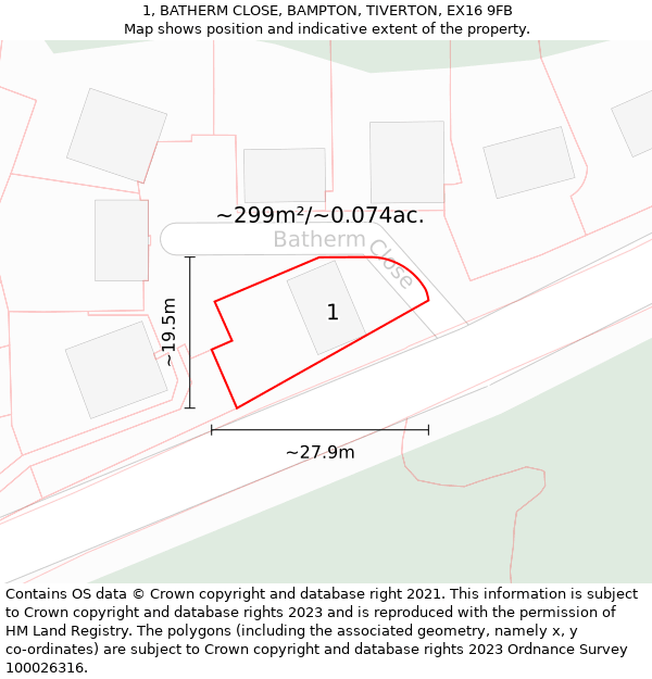 1, BATHERM CLOSE, BAMPTON, TIVERTON, EX16 9FB: Plot and title map