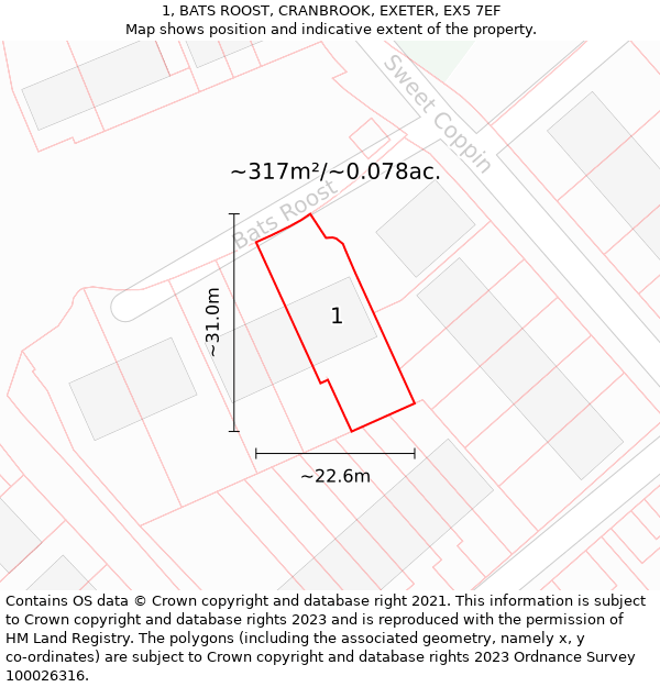 1, BATS ROOST, CRANBROOK, EXETER, EX5 7EF: Plot and title map