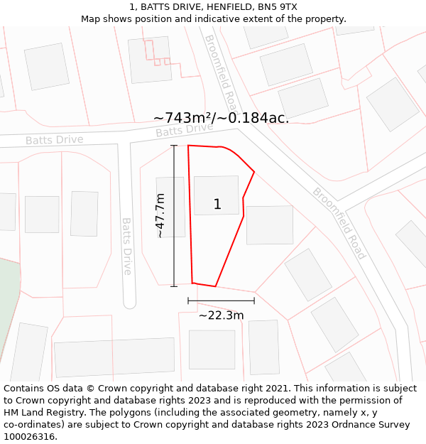 1, BATTS DRIVE, HENFIELD, BN5 9TX: Plot and title map