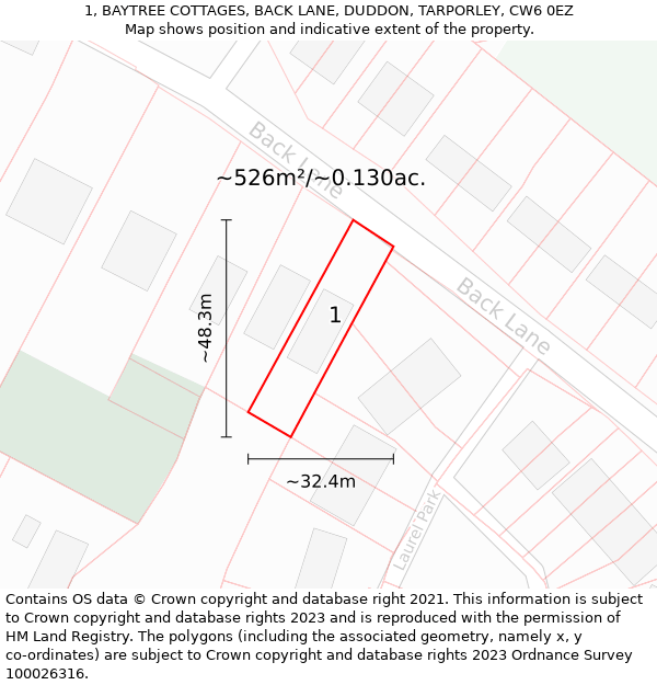 1, BAYTREE COTTAGES, BACK LANE, DUDDON, TARPORLEY, CW6 0EZ: Plot and title map