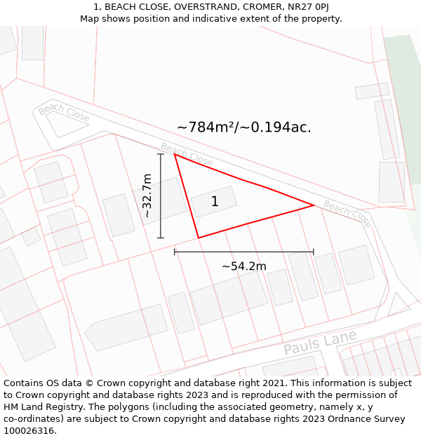 1, BEACH CLOSE, OVERSTRAND, CROMER, NR27 0PJ: Plot and title map