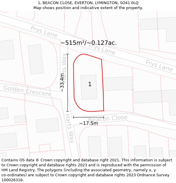 1, BEACON CLOSE, EVERTON, LYMINGTON, SO41 0LQ: Plot and title map