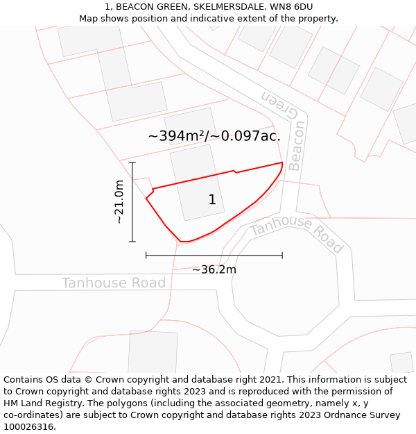 1, BEACON GREEN, SKELMERSDALE, WN8 6DU: Plot and title map