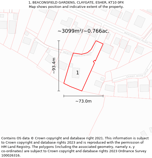 1, BEACONSFIELD GARDENS, CLAYGATE, ESHER, KT10 0PX: Plot and title map