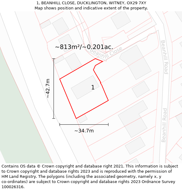 1, BEANHILL CLOSE, DUCKLINGTON, WITNEY, OX29 7XY: Plot and title map