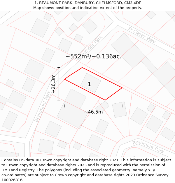 1, BEAUMONT PARK, DANBURY, CHELMSFORD, CM3 4DE: Plot and title map