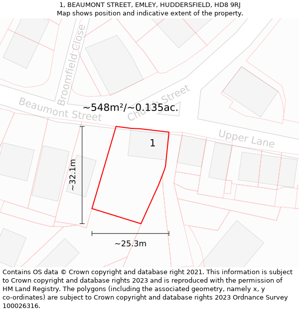 1, BEAUMONT STREET, EMLEY, HUDDERSFIELD, HD8 9RJ: Plot and title map