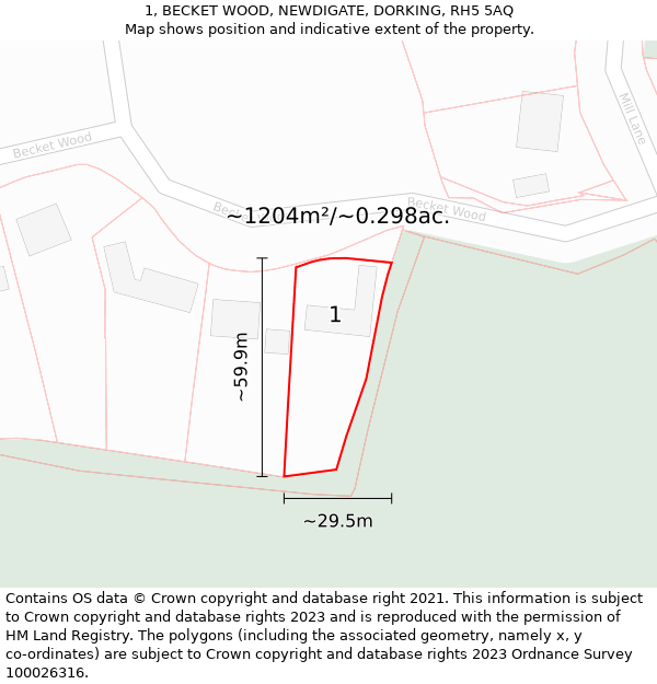 1, BECKET WOOD, NEWDIGATE, DORKING, RH5 5AQ: Plot and title map