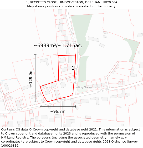 1, BECKETTS CLOSE, HINDOLVESTON, DEREHAM, NR20 5FA: Plot and title map